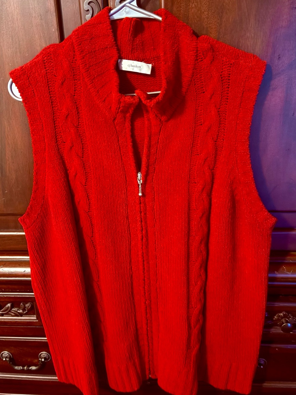CJ Banks Red Cable-Knit Sleeveless Zip-Front Sweater Vest